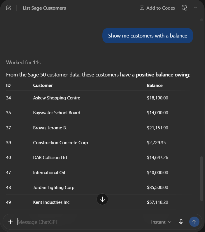 A ChatGPT conversation asking to show customers with a balance, then listing Sage 50 customers and amounts owing.